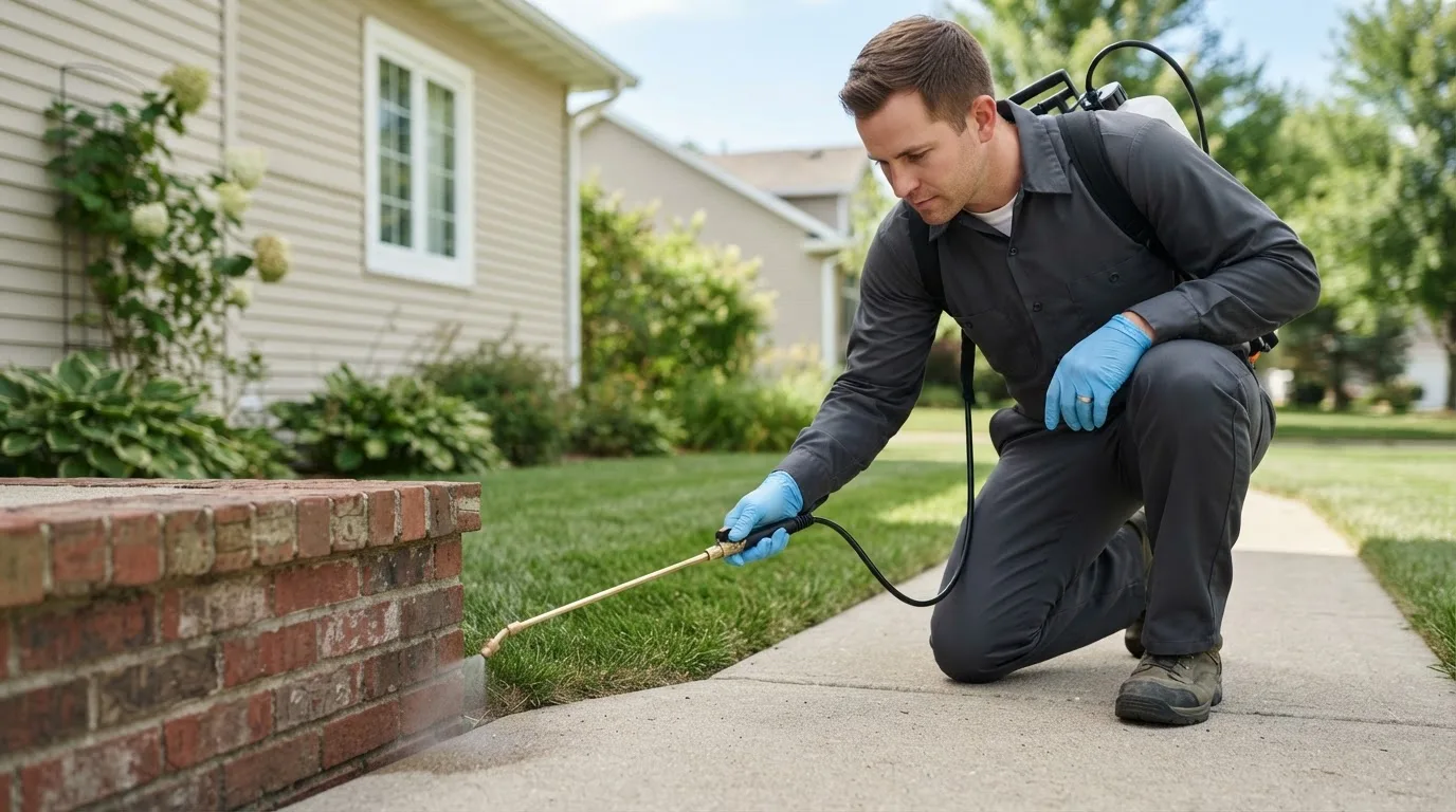 Pest control technician treating a home near Marland, OK