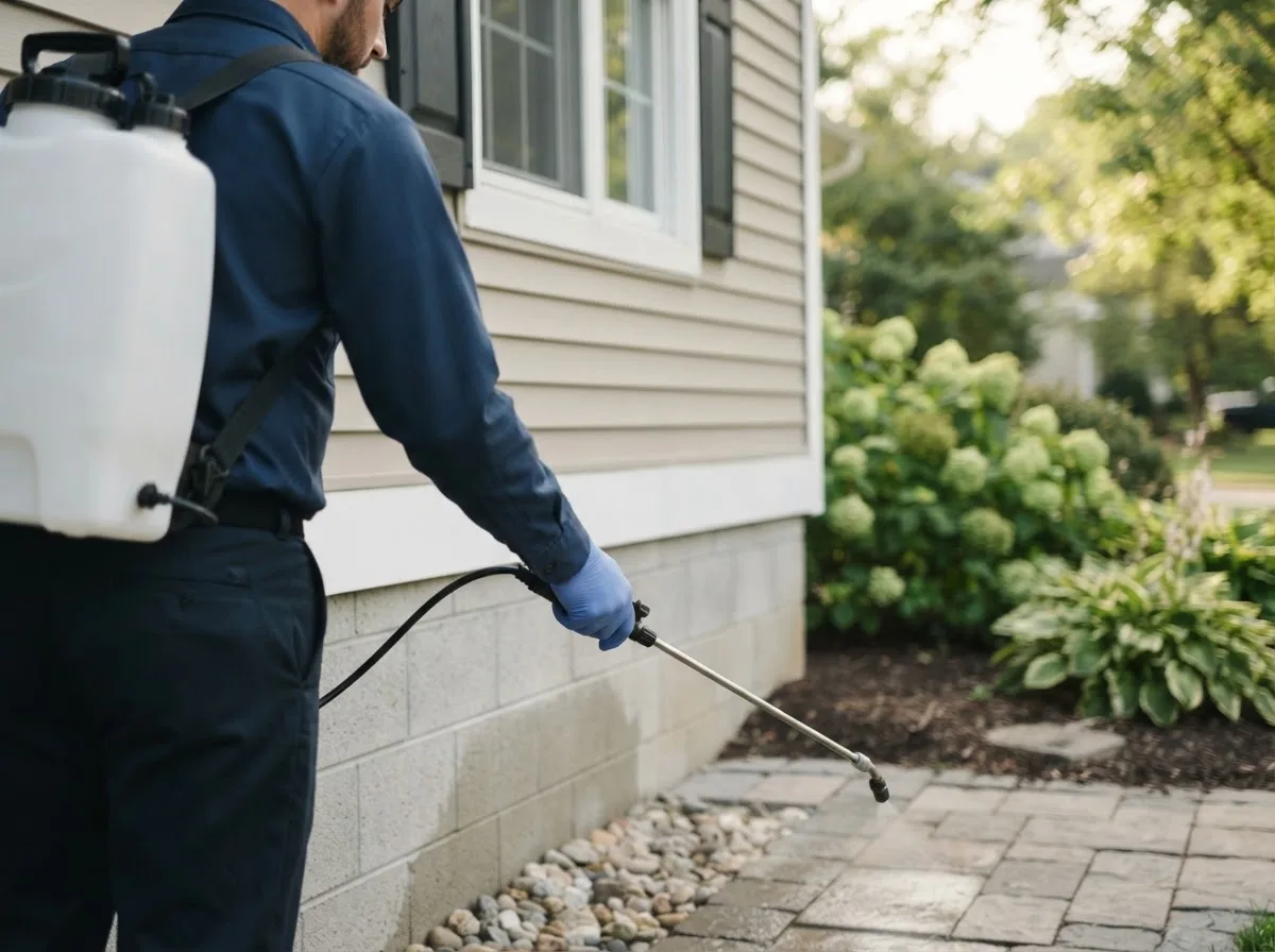 Pest control technician inspecting a home in Marland, OK